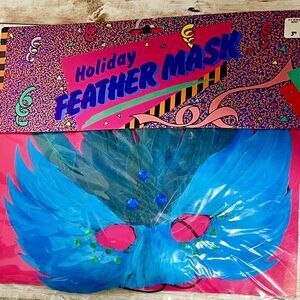 Vintage 1989 Holiday Feather Mask Blue with Green, Costume Masquerade Mardi Gras
